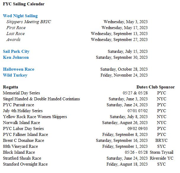 Sailing Schedule of Events Fayerweather Yacht Club